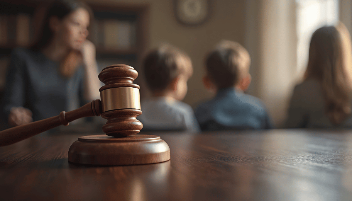 A woman with her children at a family law office