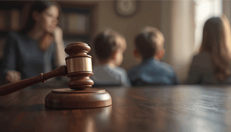 A woman with her children at a family law office